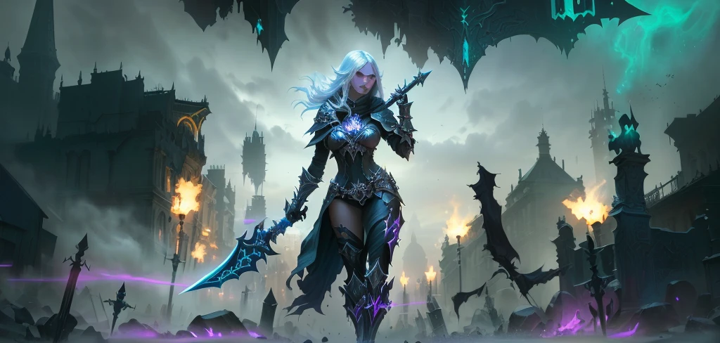 blurred image of a woman with a sword in a city, death knight, death knight, Holy Cyborg Necromancer Girl, sylvanas windrunner, world of warcraft art style, female necromancer, Diablo digital concept art, Epic fantasy digital art style, Drow Ranger, fantasy paladin woman, necromancer sorceress