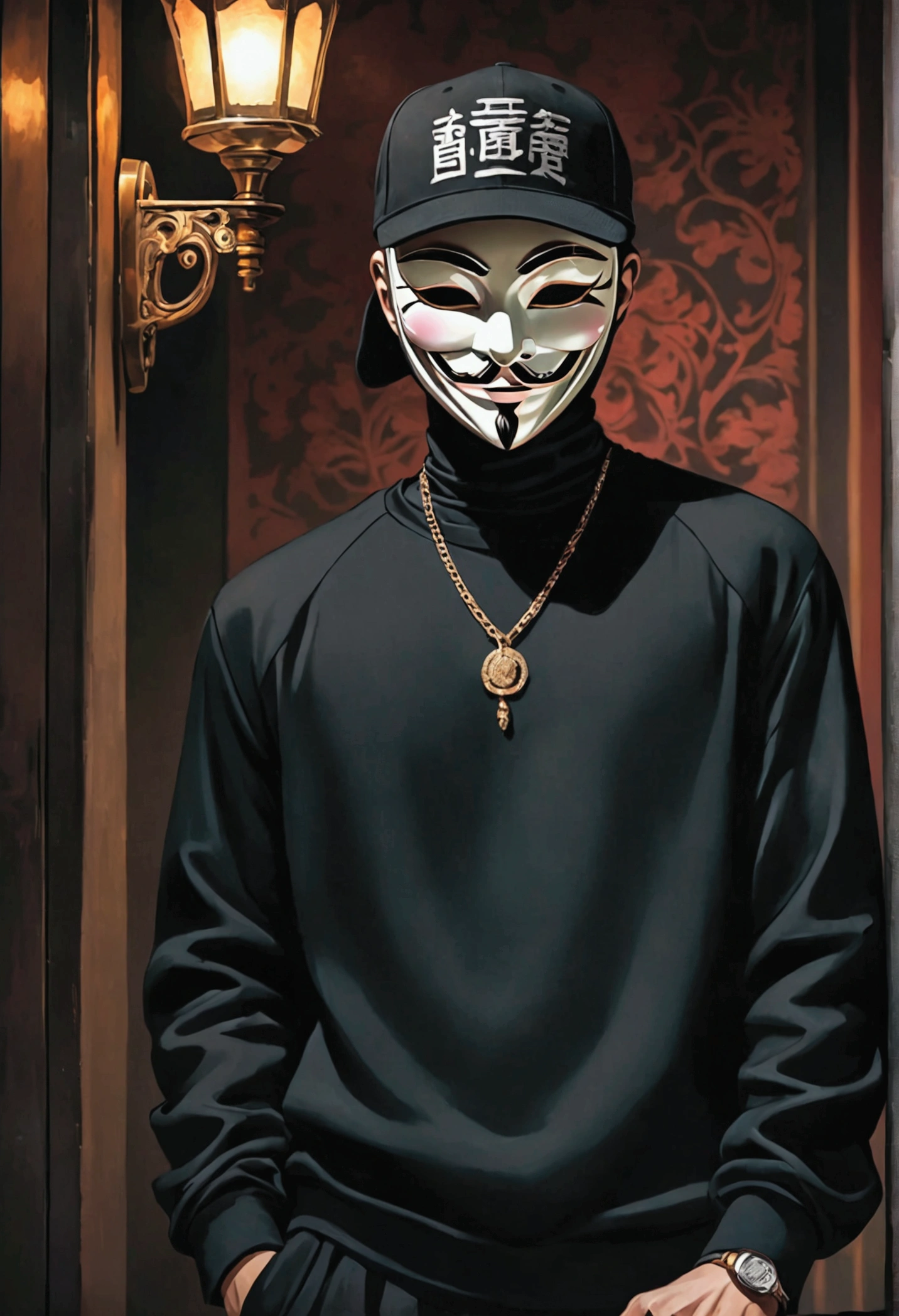 man in blouse , anonymous, anonymous mask, black blouse and cap, sweatshirt