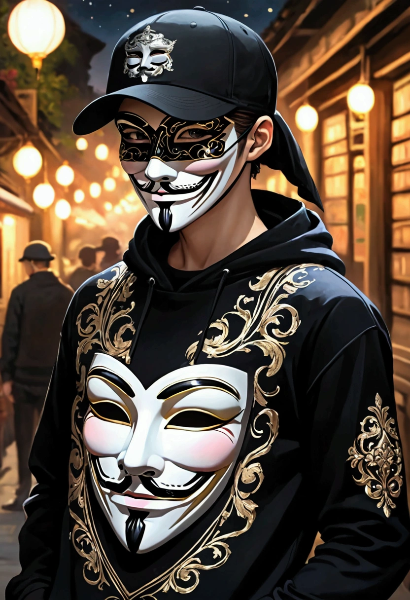 man in blouse , anonymous, anonymous mask, black blouse and cap, sweatshirt