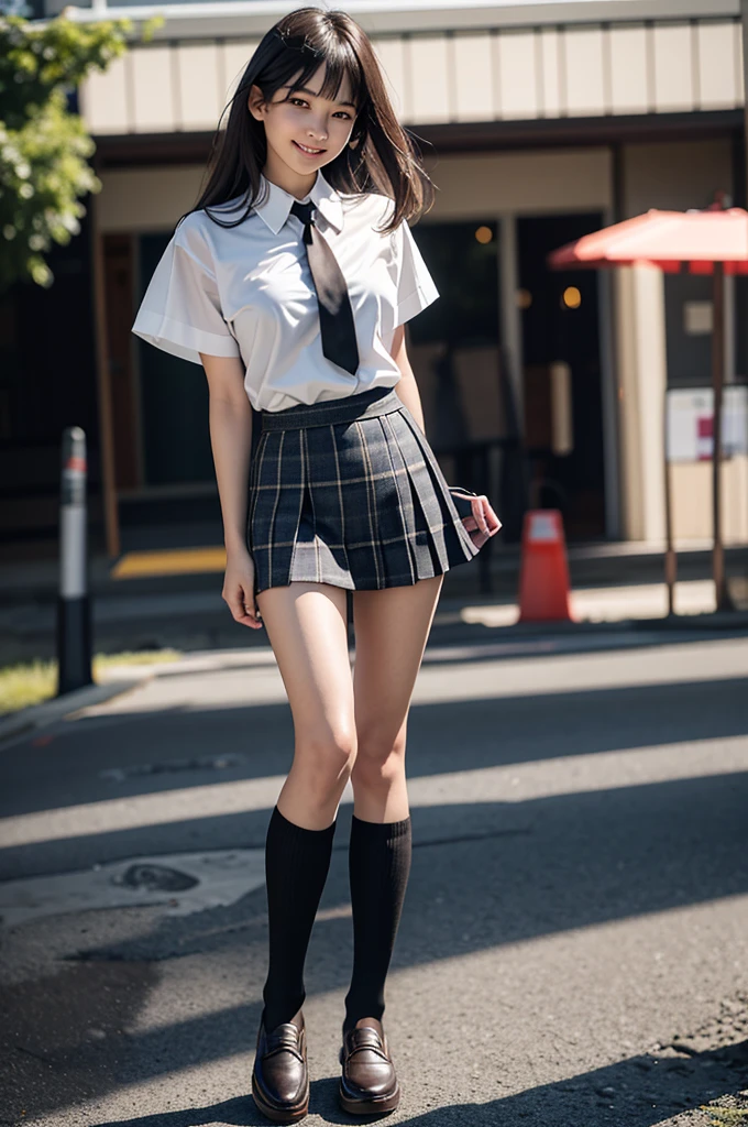 absurdres, 8K raw photo, best quality, ultra high res, 1girl, looking at viewer, natural skin texture, realistic eye and face details, smile, beautiful legs, skinny, slim legs, solo, ageyo sal, JAPANESE girl, sunshine, shiny hair, skirt, loose necktie, socks, shoes, , plaid, plaid skirt, shirt, loafers, knee highs, pleated skirt, full body, black footwear, black socks, realistic, (standing), sunshine, (((depth of field:1.4))), smile, absurdres, , detailed face, detailed eyes, see-through bangs,