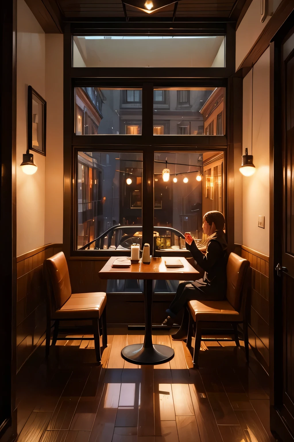 A small caffe with a window view with candle light with two cup of hot coffee on a rainy day which can be seen through the window