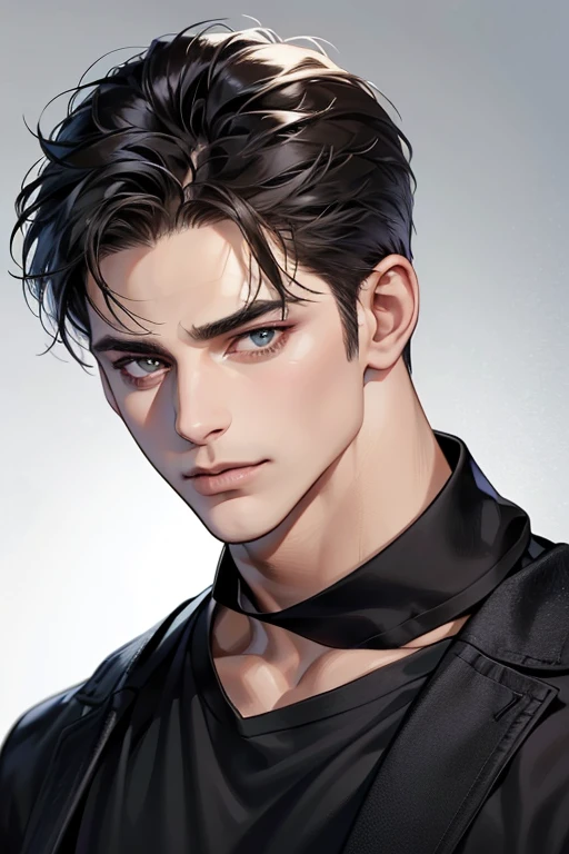 (Best quality,4K,8K,a high resolution,masterpiece:1.2),ultra detailed,(realistic,photorealistic,photo-realistic:1.37),39 year old man,Beautiful anime,portraits,strong,masculine,dark hair,Sharp jawline,Mesmerizing eyes,Perfectly styled hair,confident expression dmile in love,bright colors,dynamic lighting,Brown eyes,(Black T-shirt),(dark skin),((mature man, man 40 years old)), (square jaw)