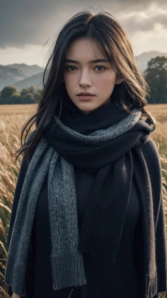 8k, best quality, masterpiece, realistic, ultra detail, photo realistic, Increase quality,
a photo of a girl standing in a field with a scarf, in the style of dark and brooding designer, voluminous mass, photobash, serene faces, jagged edges, navy, natural beauty, close-up shot