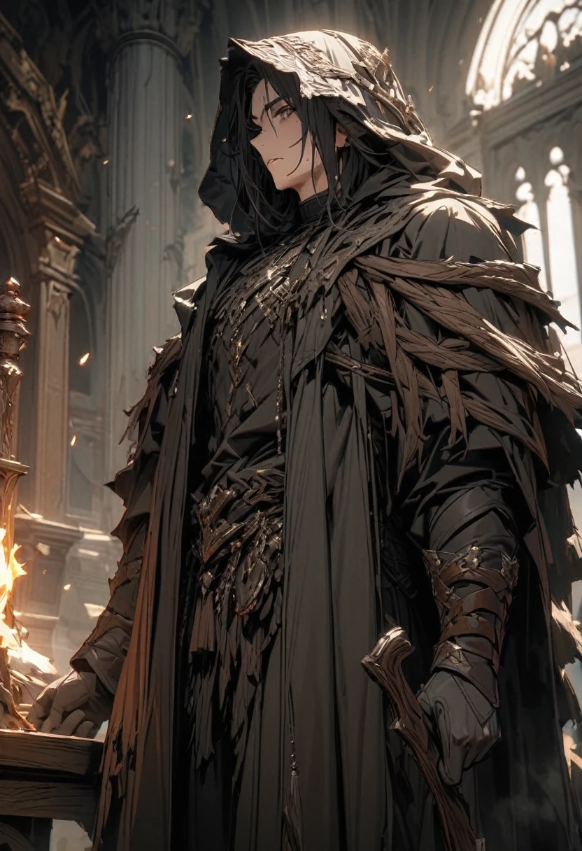 masterpiece, 8k, best quality, highly detailed, a human male warrior wearing a cloak that's made of holy wood