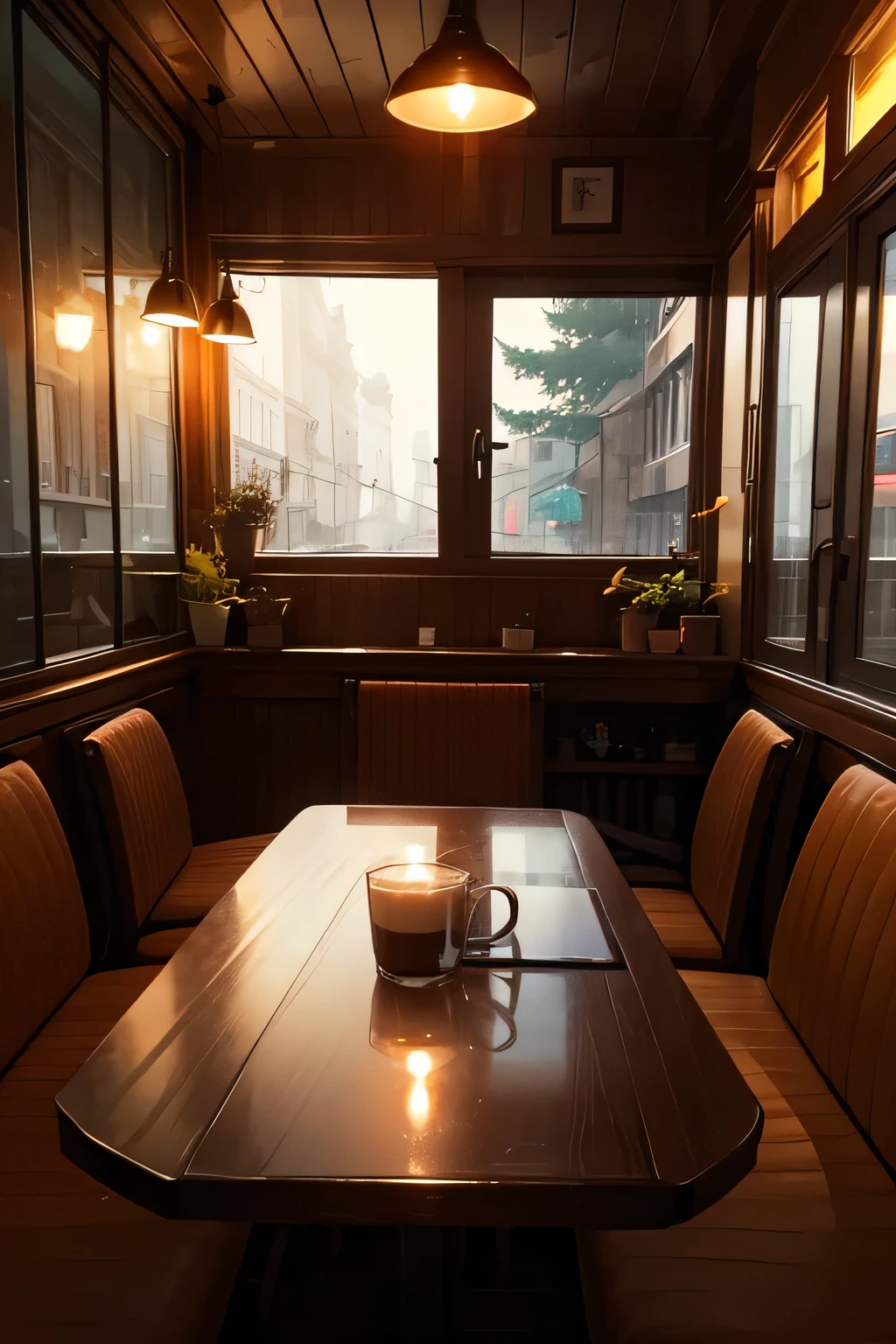 A small caffe with a window view with candle light  with two cup of hot coffee on a rainy day which can be seen through the window 