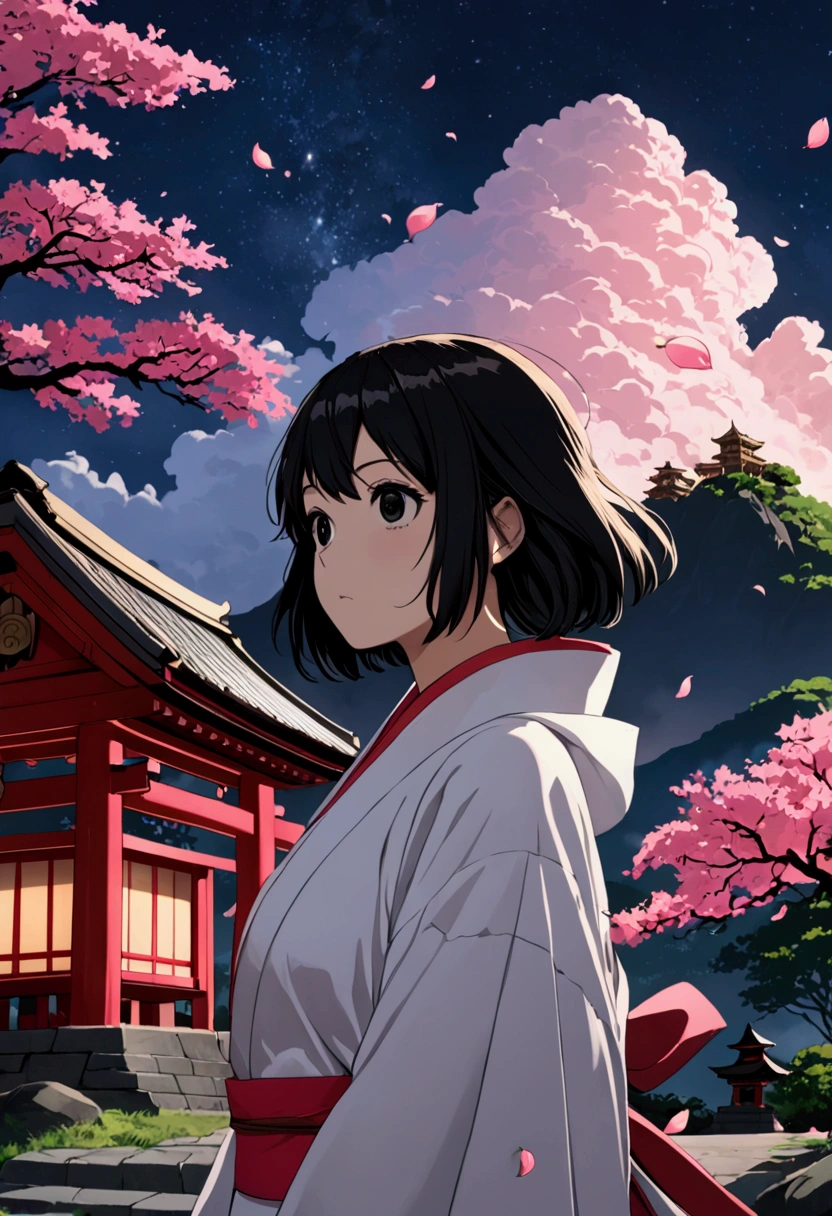 (best quality, masterpiece),(1girl, miko, coat, expression face, black eyes, looking at front ,black hair, walking, upper body), (night strray sky, huge old tree behind, falling glowing pink petals behind, shrine behind, mountain background, blowing wind, meteoric cloud)