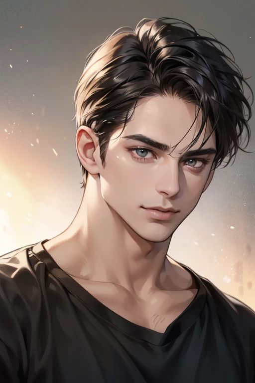 (Best quality,4K,8K,a high resolution,masterpiece:1.2),ultra detailed,(realistic,photorealistic,photo-realistic:1.37),39 year old man,Beautiful anime,portraits,strong,masculine,dark hair,Sharp jawline,Mesmerizing eyes,Perfectly styled hair,confident expression smile in love,bright colors,dynamic lighting,Brown eyes,(Black T-shirt),(dark skin),((mature man, man 40 years old)), (square jaw)
