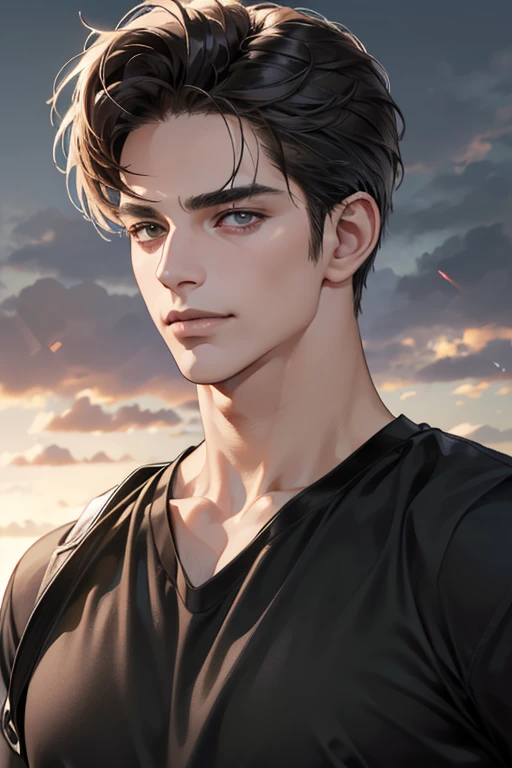 (Best quality,4K,8K,a high resolution,masterpiece:1.2),ultra detailed,(realistic,photorealistic,photo-realistic:1.37),39 year old man,Beautiful anime,portraits,strong,masculine,dark hair,Sharp jawline,Mesmerizing eyes,Perfectly styled hair,confident expression smile in love,bright colors,dynamic lighting,Brown eyes,(Black T-shirt),(dark skin),((mature man, man 40 years old)), (square jaw)