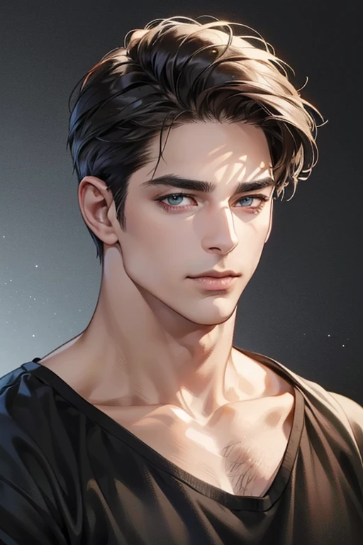 (Best quality,4K,8K,a high resolution,masterpiece:1.2),ultra detailed,(realistic,photorealistic,photo-realistic:1.37),39 year old man,Beautiful anime,portraits,strong,masculine,dark hair,Sharp jawline,Mesmerizing eyes,Perfectly styled hair,confident expression smile in love,bright colors,dynamic lighting,Brown eyes,(Black T-shirt),(dark skin),((mature man, man 40 years old)), (square jaw)