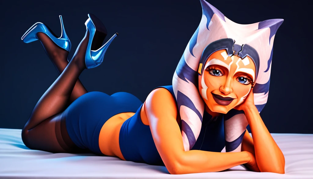 Ahsoka con black pantyhose, from ahead, with thin and not high blue heels, blue top, black pantyhose, looking smiling at the viewer, lying down, sexy model body