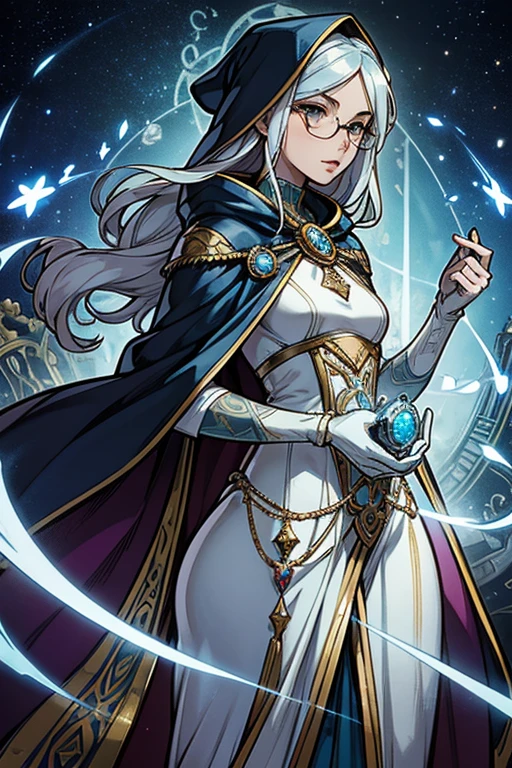 A Wizard in Clothes: A long, flowing cloak that subtly changes color, passing through shades of blue, roxo e prata, with ancient runes or clock symbols embroidered on the edges.missilesdura: Light shiny metal under the cloak, with parts that look like fragments of clocks or gears, some parts with slight luminescence.Ornaments: Gloves with metallic fingers and small gears that rotate smoothly. Partial mask or glasses with lenses that resemble watch faces.missiles: Tall staff with an hourglass on top or an antique pocket watch.eyeballs: Reflect galaxies or the cosmos.body hair: Silver or iridescent, changing tone depending on the light.Skinned: Pale tone with a slight ethereal glow.Accessories: Antique wristwatch and necklace with hourglass or pulsating crystal pendant.presence: Aura of calm and wisdom, Moving with precision and grace., entirely covered in corpopaint, corpo paint,