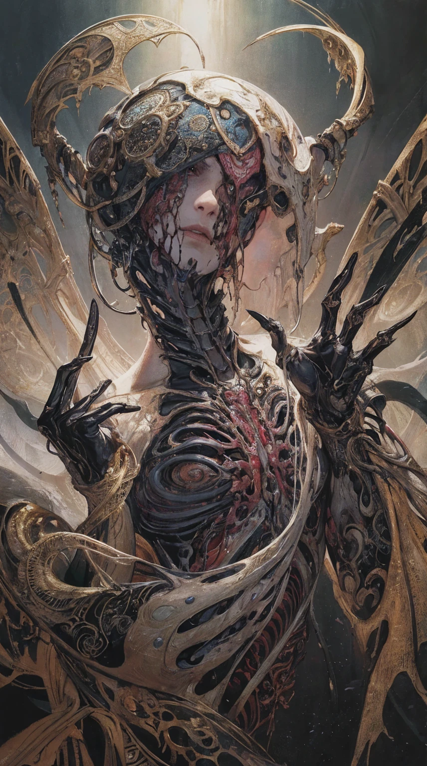 (body horror:1.4), (biomachine:1.3), (bloody:1.2), living being, (nipples), (colorful:1.2), Hans Giger, many hands, (zentangle:1.2),
oil on matte canvas, sharp details intricate, highly detailed, digital painting, rich color, smooth, sharp focus, illustration, Unreal Engine 5, 8K, art by artgerm and greg rutkowski and alphonse mucha
(masterpiece,detailed,highres:1.2),
