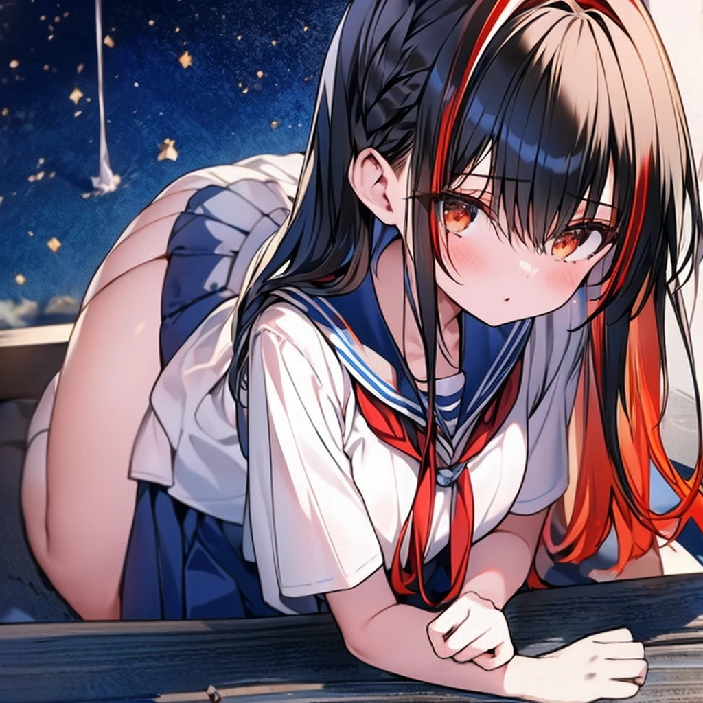 masutepiece++, Best Quality++, ultra-definition++, ultra-definition++, rey tracing, 4K or more++, 8K or more++, Slight details, (Background Focus )++,Young woman with golden laurel wreath, (((Ultramarine hair))), (((White dip dyed hair))), (((red streaked hair))),sailor,Sailor collar,White shirt, skirt by the,anchor,