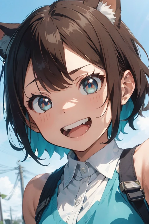 Screenshot of my hero academia girl with light brown hair with turquoise blue locks and bangs, brown cat ears, bicolor eyes, one turquoise blue and the other light brown., has a happy expression.
He is wearing the UA uniform and has a class in the background
