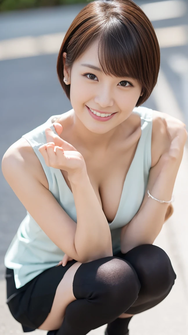 masutepiece, Best Quality, Photorealsitic, finely detail, hight resolution,beautiful japanese woman,beautiful detailed eyes, beautiful detailed lips, extremely detailed face, small head, small areola, cinematic lighting, photorealistic, 8k, high quality, hyper detailed, look at me,smile,(tank top),(pencil skirt),(short hair:1.2),(random location),(medium breasts:1.2),(inoueseika),slender,beautifull legs,(cleavage:1.3),(sexy posing:1.2), (bokeh:1.3) ,(black hight-socks:1.2),(squatting)
