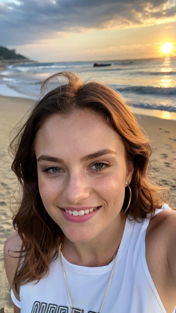 ((best quality)), ((masterpiece)), (detailed), beautiful light redhead wearing normal sports clothes, no vulgarity,  (taking a selfie in which she holds her cell phone facing her on the beach at sunset like an influencer), very detailled, 21 years old, inoccent face, natural wavy hair, blue eye, high resolution,work of art, best qualityer, details Intricate, very detailled, sharpening, skin detailed, realisitic skin texture, texture, detailedeyes, proffesional, 4K, charming smile, shot with Canon, 85mm, Shallow depth of field, Cores Kodak Vision, perfectly fitted body, extremely detaild, photoshot_\(ultra\), photorealisitic, realisitic, after treatment, Maximum details, roughness, real-life, ultra realisitic, photoshotrrealismo, A photoshotgrafiae, 8k uh,