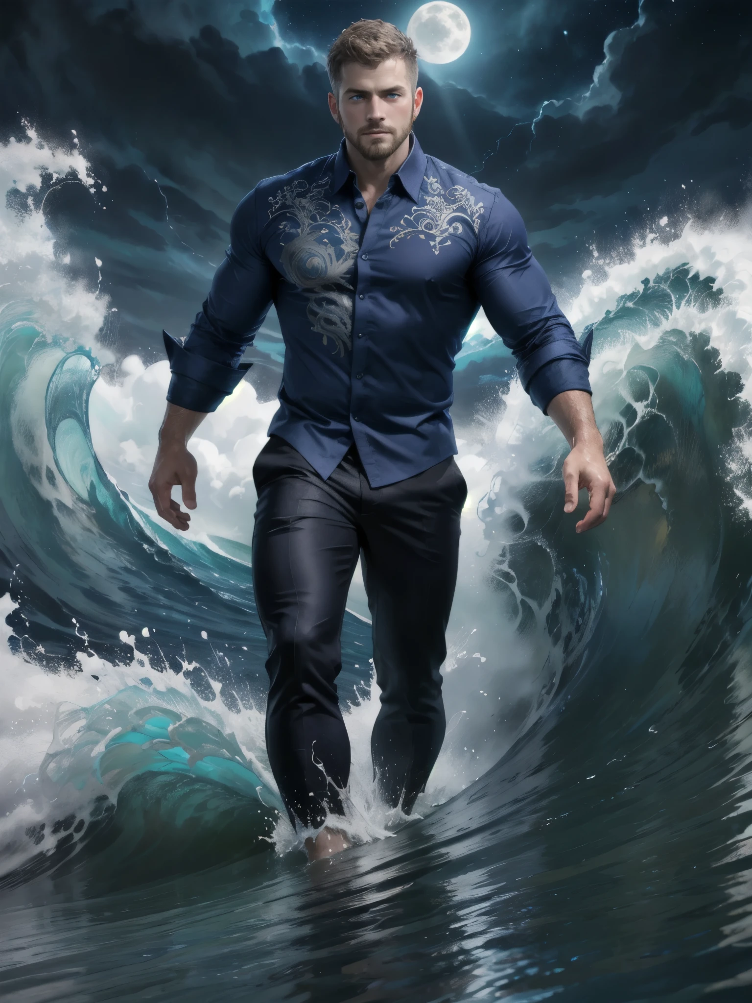 (Ocean greek god), hydromancer, muscular mature male, water magic, handsome, short beard, short hair, mystic, modern outfit, masterpiece, eye focus, best quality, anatomically correct, ((dark-blue royal shirt, intricate silver embroidery)), (walk on water: 1.15), water particles flying around, ocean, huge waves behind character, ((storm)), huge waves around character, night, night sky, mystic, moon,