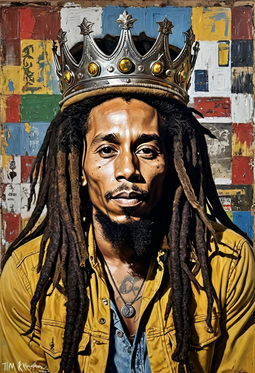 une peinture d'un homme avec une couronne sur la tête et beaucoup d'argent, art raggae, par Tim Okamura, Tim Okamura, inspiré par Tim Okamura, par Sam Spratt, oeuvre parfaite, oeuvre époustouflante, oeuvre détaillée, Sam Spratt, bob marley, rasta, peinture 4 k très détaillée, par Ras Akyem, peinture numérique très détaillée, peinture incroyable, oeuvre réaliste, portrait fait de peinture, portrait à l'huile extrêmement détaillé, belle oeuvre, portrait extrêmement détaillé