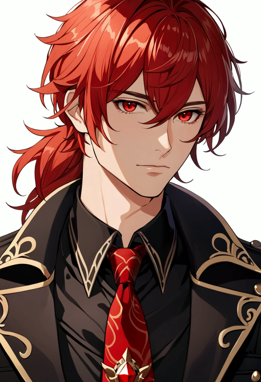 masterpiece, best quality, diluc (genshin impact), 1boy, male focus, red hair, red eyes, long hair, solo, simple background, white background, hair between eyes, bangs, closed mouth, ponytail, sparkle, looking at viewer, antenna hair, cropped shoulders, shirt, jacket, portrait, black shirt, necktie, collared shirt
