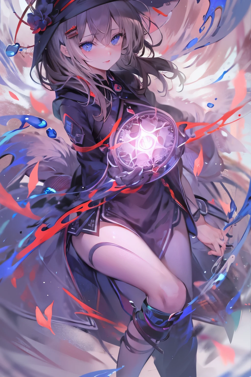 (from thigh up: 1.2), (1 girl: 1.3), (detailed small face: 1.1), (detailed blue eyes: 1.1), (detailed small nose: 1.1), (detailed thin lips: 1.1), (black hair: 1.1), scarred, bleeding, one hand reaching out, textured skin,
background, pale light, grains of light, ripples, compass, spinning time, countless blades,