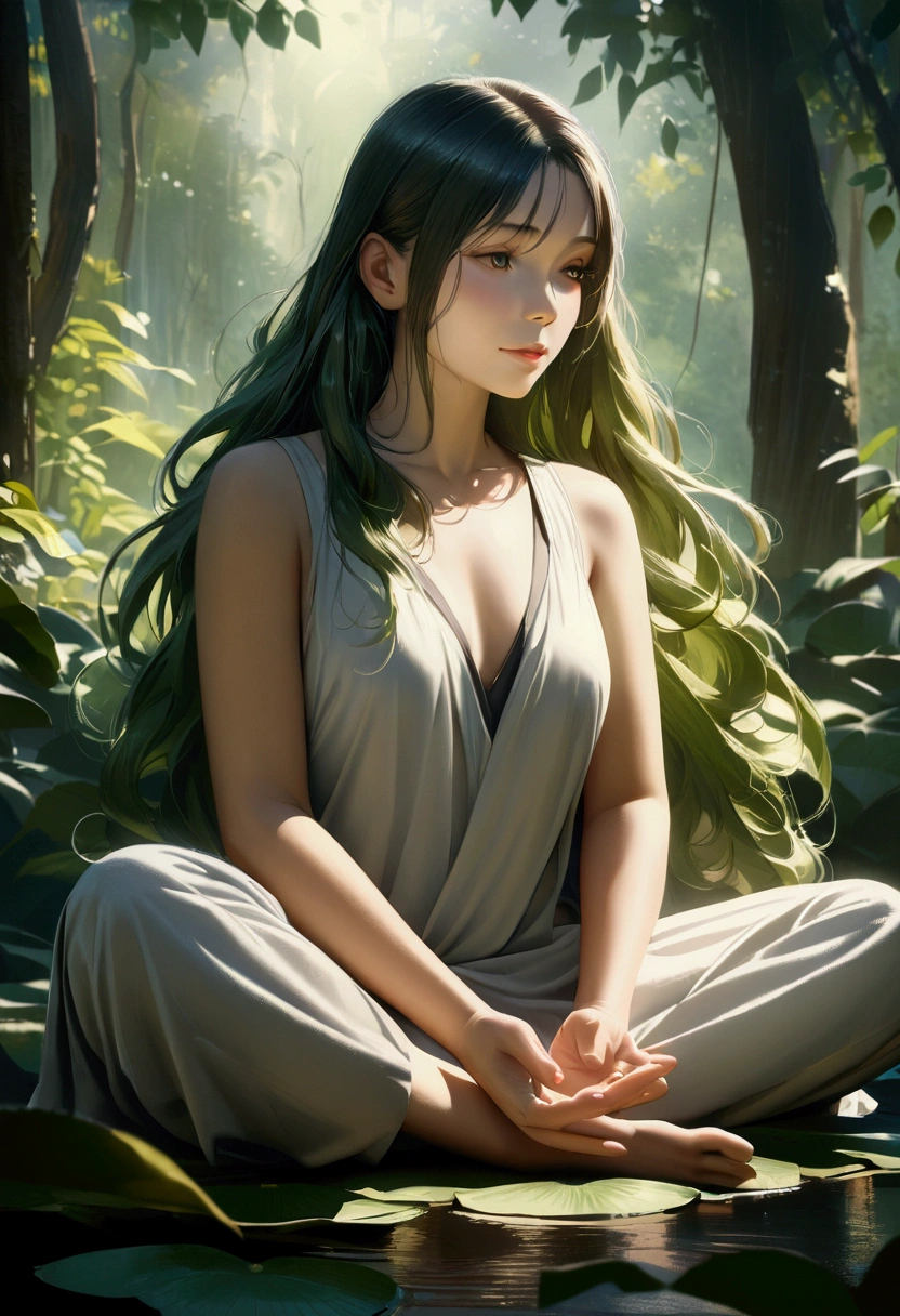 a serene portrait of a woman meditating, peaceful expression, glowing skin, detailed facial features, long flowing hair, sitting in lotus position, calm and focused demeanor, lush green forest background, warm natural lighting, contemplative mood, ethereal and tranquil atmosphere, photorealistic, cinematic lighting, highly detailed, masterpiece