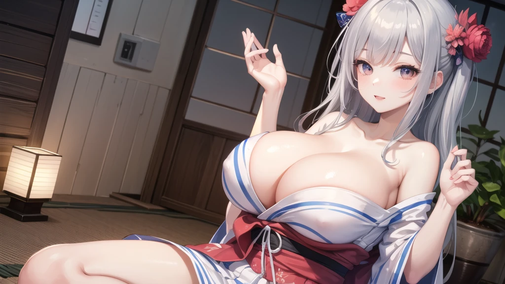 (((masterpiece, best quality))), (((superior quality))), cute girl, ((extremely detailed girl)), ((huge breasts)), yukata, bare shoulders, strapless top, long silver hair, happy