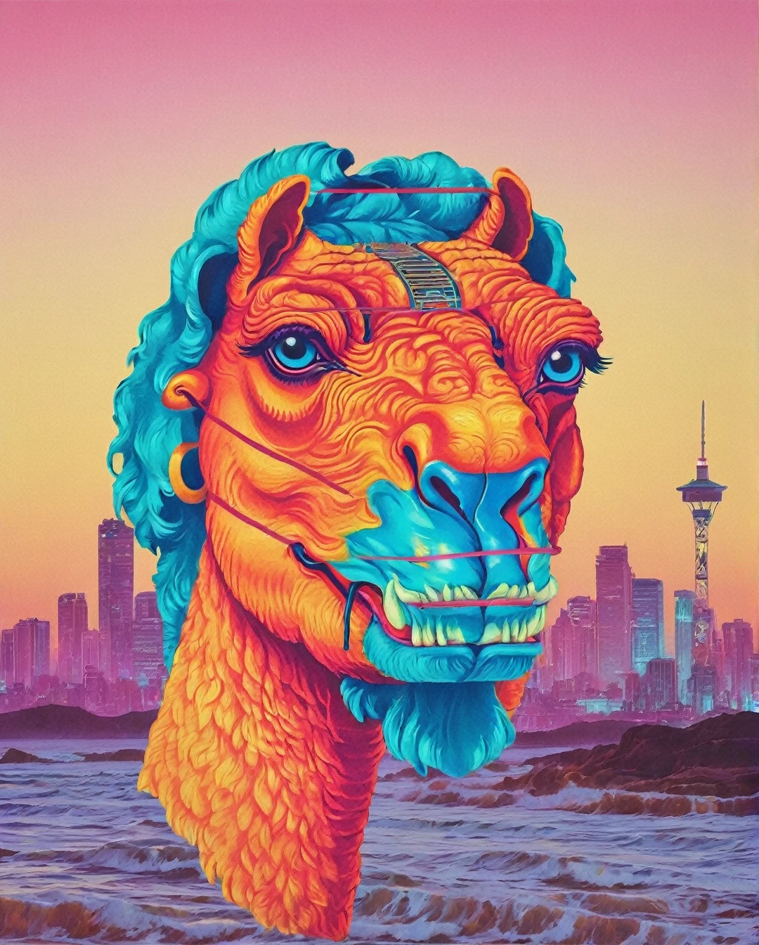 vaporwave grotesque aesthetic,High saturation color,David bust sculpture head and body separated, Doubleexposure, Commodity Ocean News,High saturation color,futuristic city, English title,fantasy, matrix, desert, Ocean, pyramid,Close-up of retro screen,coconut tree,24th century,Strong psychedelic colors and retro-future decadence,Distressing and stylization, illusory、collage、No order,dystopian、lo-fi、sample fusion jazigital、chip tune、glitch art、futuristic、vintage、dematerialized art、retro technology、surreal,vaporwave nostalgia, very vaporwave, maximalist vaporwave, vaporwave, vaporwave!, vaporwave aesthetics, cyberpunk vaporwave, 90s aesthetic, vaporwave art, 90s aesthetic, 90's aesthetic, hip hop vaporwave, vaporwave aesthetic, vaporwave cartoon, A grungy, anthropomorphic camel stands out against a stark white background in this striking poster design inspired by the art style of Moebius. The camel is adorned in 1990's grunge attire, exuding a cool, rebellious vibe. The image is rich in detail, with faded denim, flannel shirts, and combat boots giving the camel a distinct retro look. The illustration is expertly crafted, capturing the essence of the era with intricate linework and vibrant colors. This image is a standout piece that seamlessly combines edgy fashion with animalistic charm, perfect for fans of both alternative style and unique artwork.