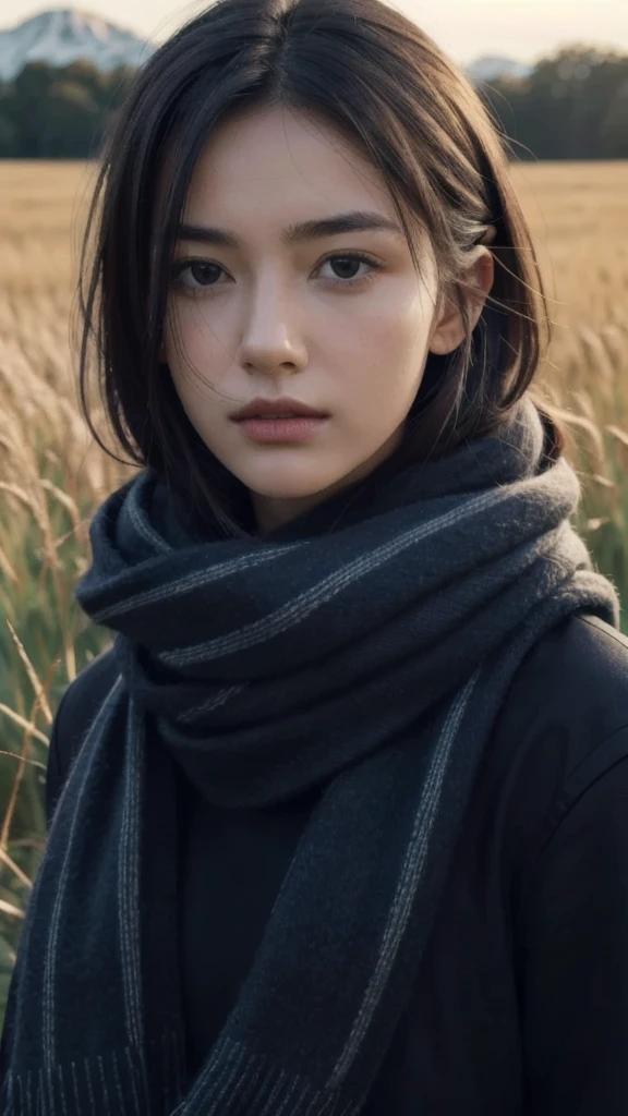 8k, best quality, masterpiece, realistic, ultra detail, photo realistic, Increase quality,
a photo of a girl standing in a field with a scarf, in the style of dark and brooding designer, voluminous mass, photobash, serene faces, jagged edges, navy, natural beauty, close-up shot