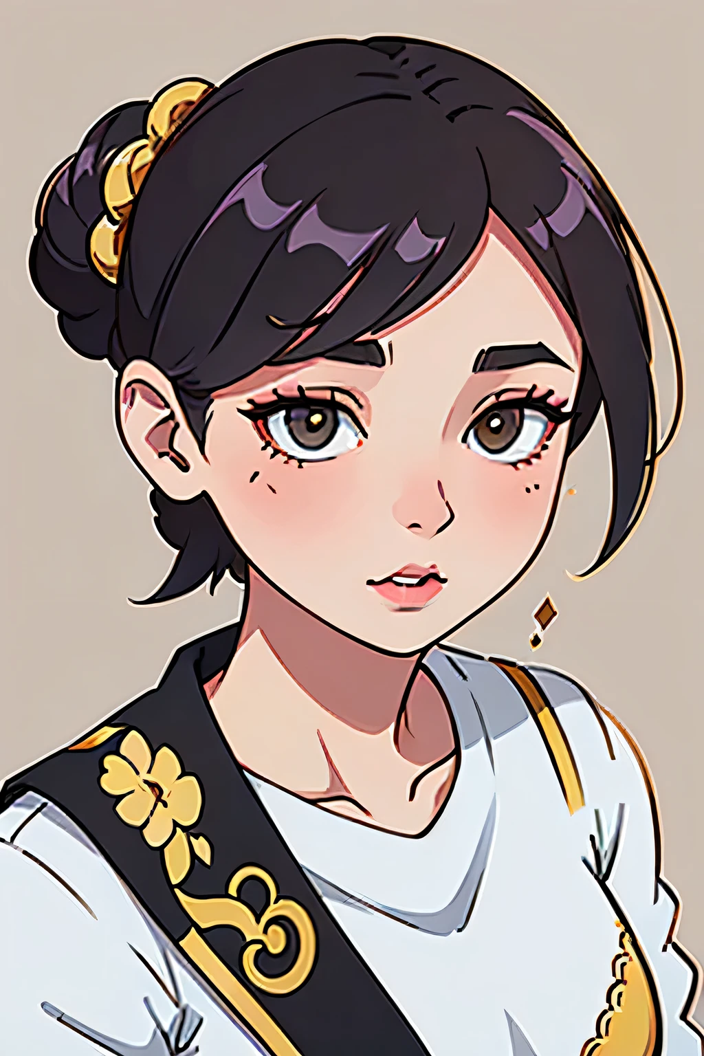Amazing portrait of a sexy woman with her hair tied back in a low bun with her eyes emphasised by smokey eyeliner gazing at us seductively with her perfect lips parted wearing gold blouse and a white saree with gold embroidery