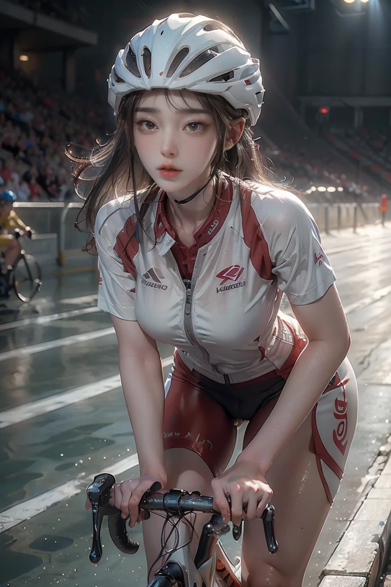 ((masterpiece, highest quality, Highest image quality, High resolution, photorealistic, Raw photo, 8K)), Olympic cyclist, wearing racing clothes and helmet, wet body, leaning forward, sweat splashing and glistening, spectator stands and lights in background,