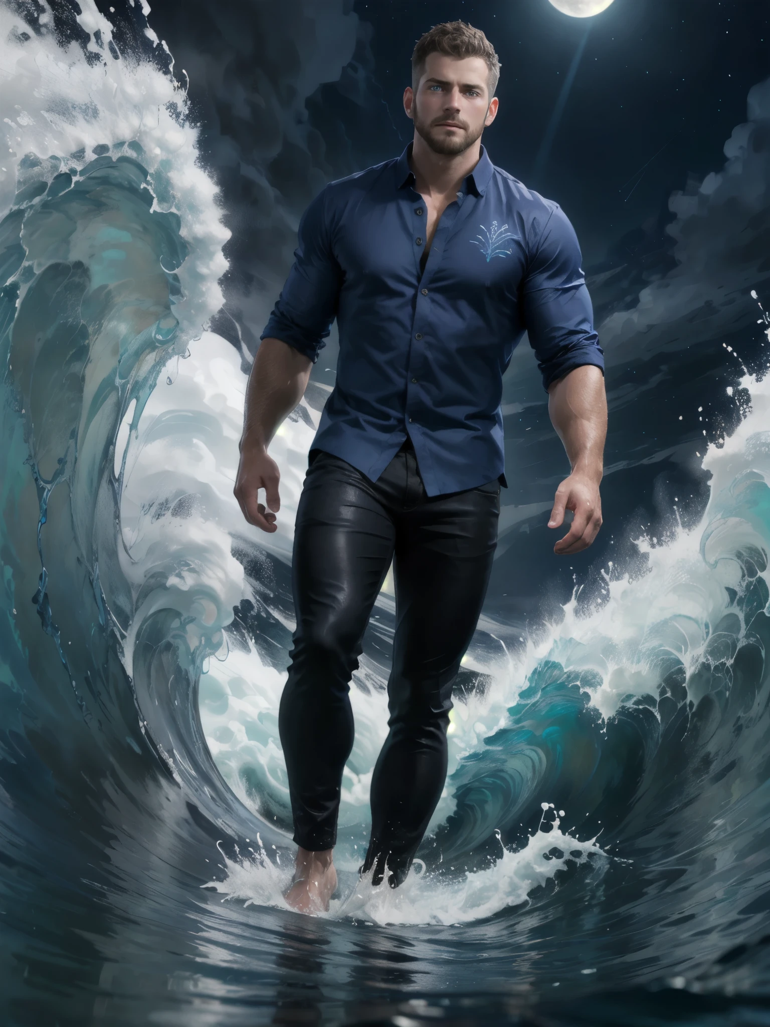 (Ocean greek god), hydromancer, muscular mature male, water magic, handsome, short beard, short hair, mystic, modern outfit, masterpiece, eye focus, best quality, anatomically correct, ((dark-blue royal shirt, intricate silver embroidery)), (walk on water: 1.15), water particles flying around, ocean, huge waves behind character, ((storm)), huge waves around character, night, night sky, mystic, moon,