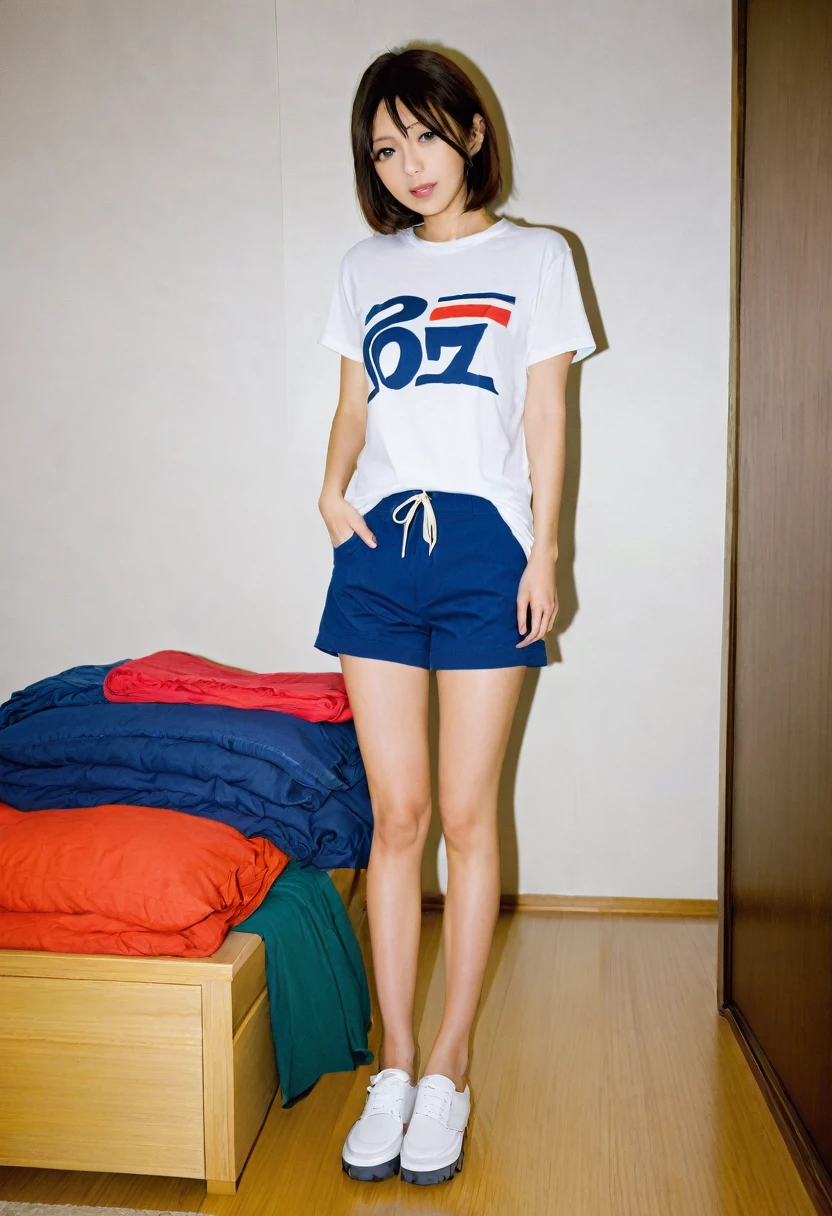 age 27、Japanese women OL、Dirty apartment room、T-shirts、shorts