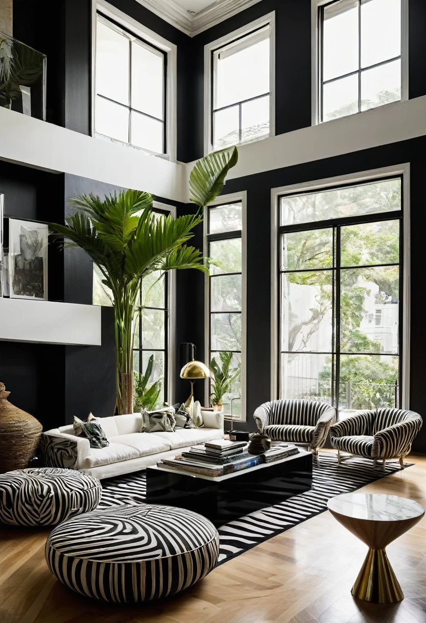 raw photograph, ultra wide angle, 16mm lens, entire room, black walls contemporary living room, like Kelly Wearstler, very light wooden floor, white linen large contemporary armchair, huge black and white striped curved sofa, fireplace, large brutalist style console with minimalist vase with huge plant, stack of books, white marble cubist sculptures, large windows , view of the city of Rio de Janeiro, Picasso paintings, golden candlesticks, transparent glass coffee table, ultra hight res.photorealistic::1.5, hdr, ultra realist, real photo