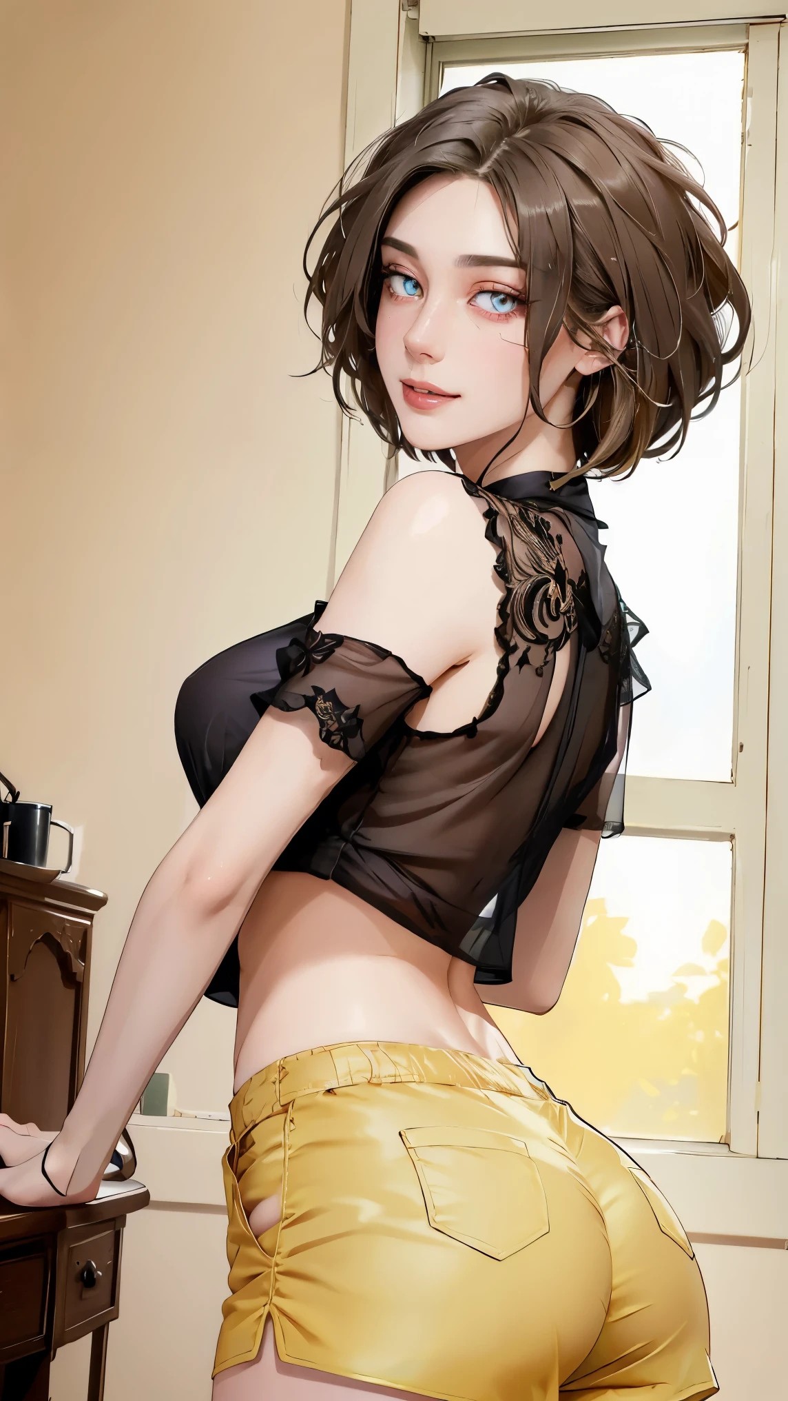 ((((masterpiece, best quality, high resolution)))), Extremely detailed 8K, Beautiful girl with voluptuous body, (Ultra HD, Ultra-detailed, Highly detailed, Highly realistic, Ultra-realistic, photograph realistic), (1girl:1.5), silky hair, bob cut, (dynamic poses), facing at camera, looking at viewer, (blushing red, smile), (purple eyes, sharp eyes), (perky breasts:1.2), (beautiful detailed face, beautiful detailed eyes), ((revealing outfit)), (booty shorts), see through croptop