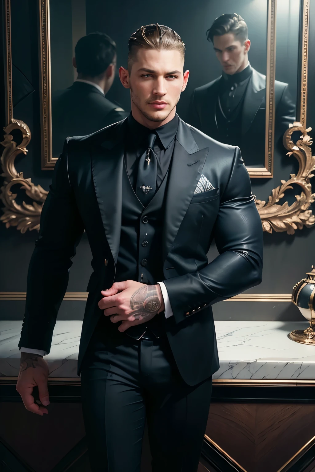 ((masterpiece)), ((Best Quality:1.2)), High resolution, 8k, (ultra_realist:1.3), (photorealist:1.4), (Instagram Template, elegant:1.2),Portrait of Tom Hardy wearing a sensual gothic costume, with lace details that highlight its sophisticated and modern style. The suit has a devilish touch, with dark colors and intricate designs, Combining classic elegance with a bold contemporary aesthetic
