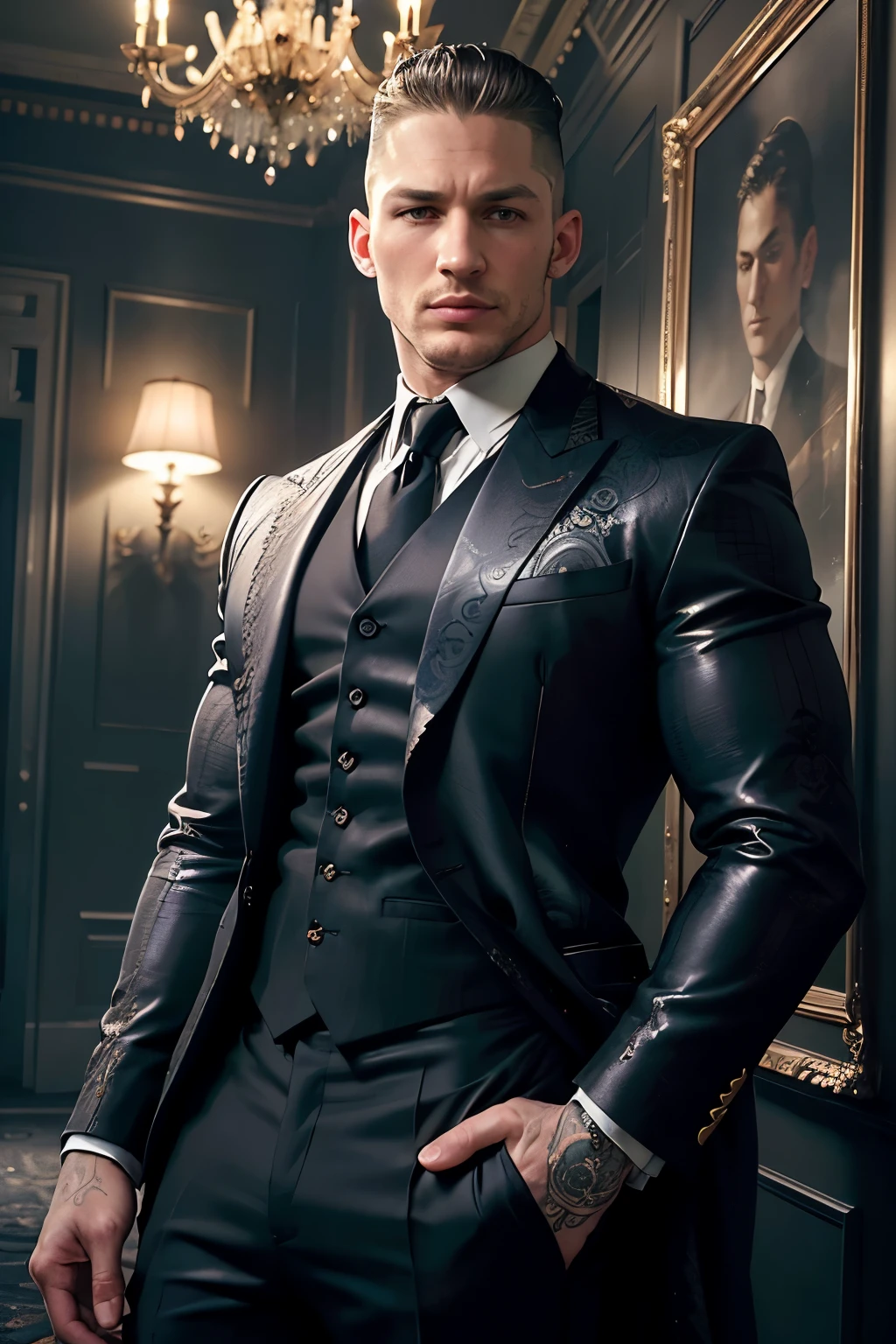 ((masterpiece)), ((Best Quality:1.2)), High resolution, 8k, (ultra_realist:1.3), (photorealist:1.4), (Instagram Template, elegant:1.2),Portrait of Tom Hardy wearing a sensual gothic costume, with lace details that highlight its sophisticated and modern style. The suit has a devilish touch, with dark colors and intricate designs, Combining classic elegance with a bold contemporary aesthetic