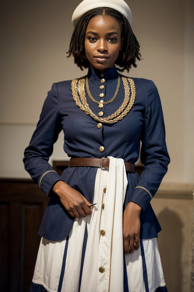 femme de 29 ans, femme adulte, femme africaine, cheveux noirs bouclés détaillés, Tenue de la marine américaine des années 1940, tenue de marin, sexy tenue de marin, millésime États-Unis, La Seconde Guerre mondiale, scène extérieure du cuirassé, éclairage doux, En attendant de te faire l'amour, style pin-up vintage, poupée pin-up, Femme sexy, Belle femme, chiffre de sablier, forme d'Athlete, femme splendide, peau sombre