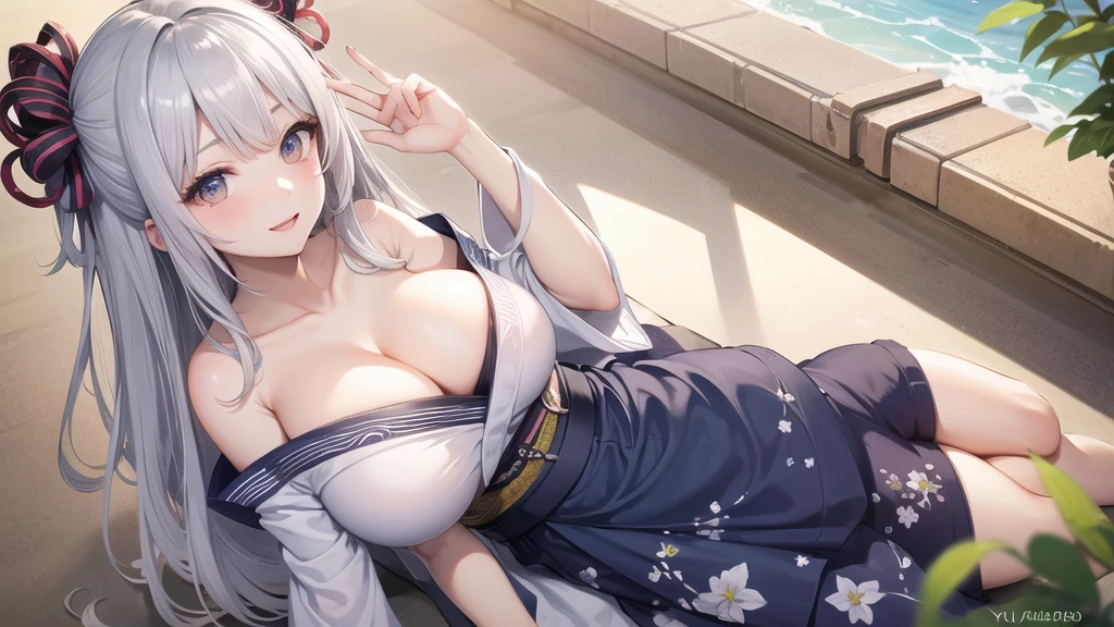 (((masterpiece, best quality))), (((superior quality))), cute girl, ((extremely detailed girl)), ((huge breasts)), yukata, bare shoulders, strapless top, long silver hair, happy