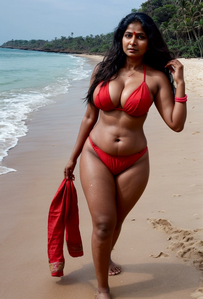 indian woman of age 40, big breast, big booty, big ass, in bikni, background is beach, some water on face, long hair, walking on beach send, red color deep nake bikni, walking like mode, big heal,