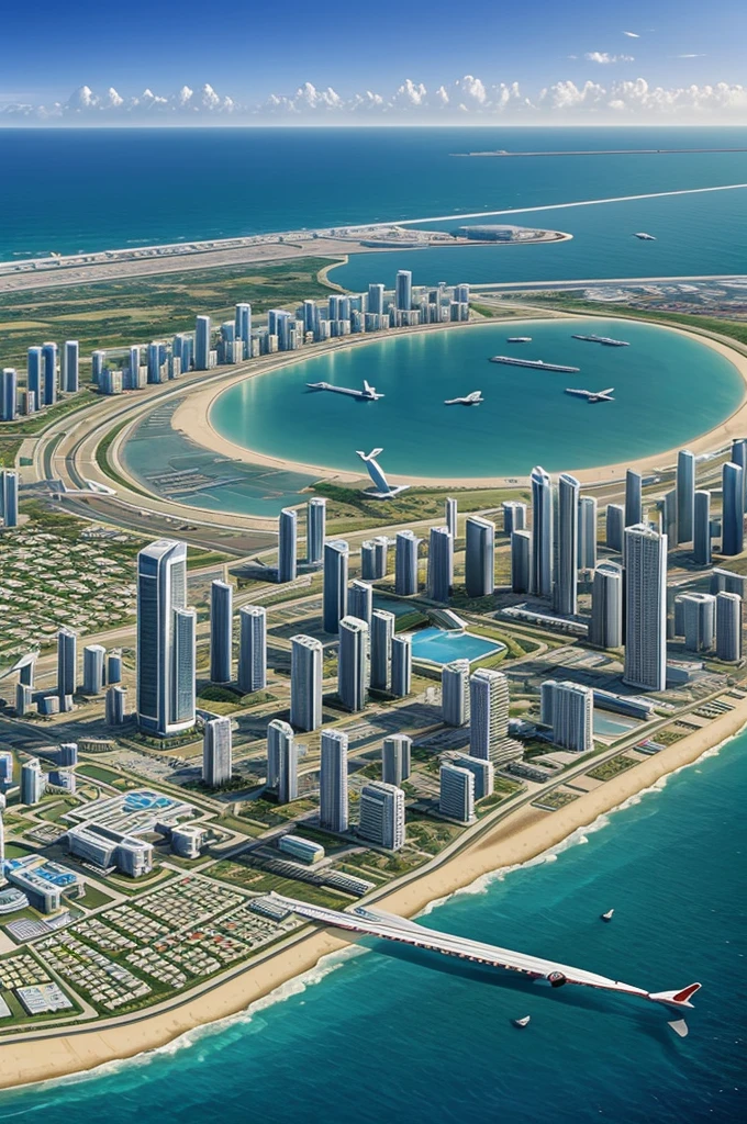 A mini city with mini mansions and buildings and an airport on the seashore and next to the airport mini mansions with sea views