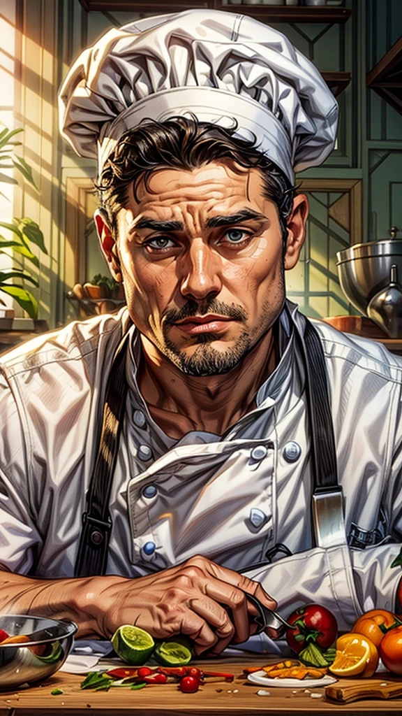 A male chef in a white uniform and tall hat sits at a counter with a knife in hand and various vegetables on the counter.