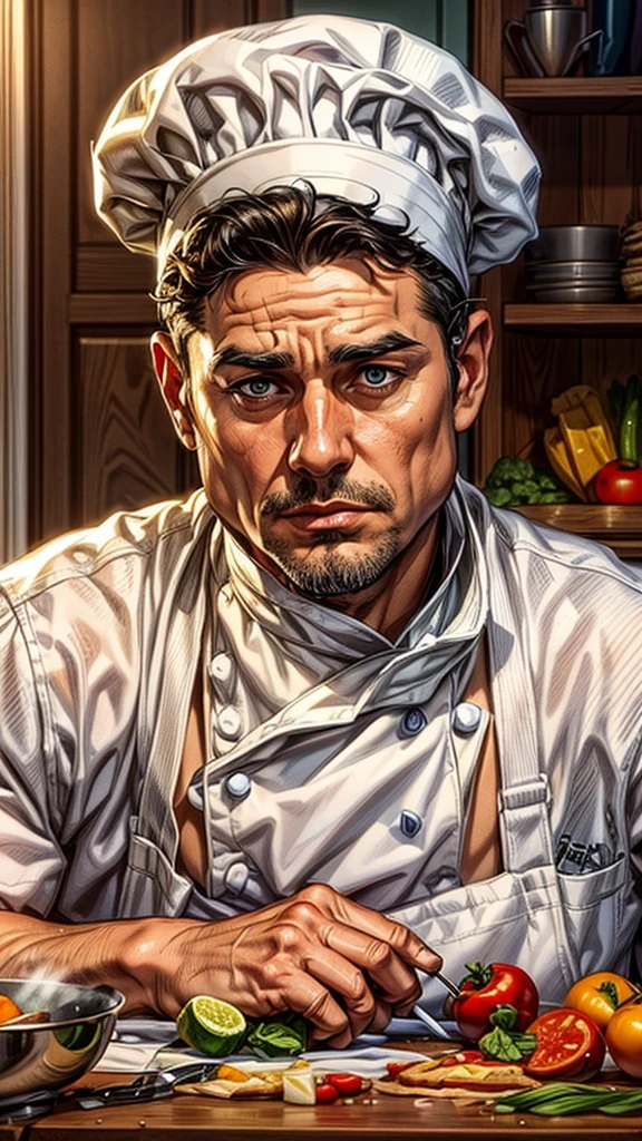 A male chef in a white uniform and tall hat sits at a counter with a knife in hand and various vegetables on the counter.