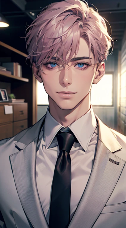 (Highest quality,4K,8K,High resolution,masterpiece:1.2),Super detailed,(Realistic,photoRealistic,photo-Realistic:1.37),1 person,31 years old,Mature Men,Beautiful skin、very handsome,Expressionless,smile,Short gray pink hair,blue eyes,Sharp Eyes,A perfect face without a doubt,Businessman,Office Background,Cinema Lighting,HDR image,tie、