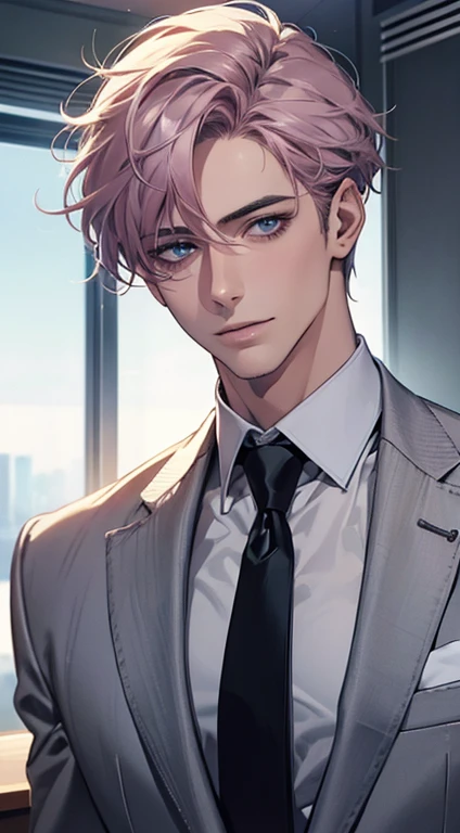 (Highest quality,4K,8K,High resolution,masterpiece:1.2),Super detailed,(Realistic,photoRealistic,photo-Realistic:1.37),1 person,31 years old, Men,Beautiful skin、very handsome,Expressionless,smile,Short gray pink hair,blue eyes,Sharp Eyes,A perfect face without a doubt,Businessman,Office Background,Cinema Lighting,HDR image,tie、