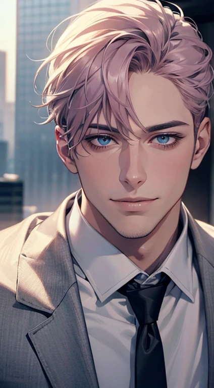 (Highest quality,4K,8K,High resolution,masterpiece:1.2),Super detailed,(Realistic,photoRealistic,photo-Realistic:1.37),1 person,31 years old,Mature Men,Beautiful skin、very handsome,Expressionless,smile,Short gray pink hair,blue eyes,Sharp Eyes,A perfect face without a doubt,Businessman,Office Background,Cinema Lighting,HDR image,tie、