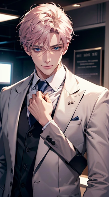 (Highest quality,4K,8K,High resolution,masterpiece:1.2),Super detailed,(Realistic,photoRealistic,photo-Realistic:1.37),1 person,31 years old,Mature Men,Beautiful skin、very handsome,Expressionless,smile,Short gray pink hair,blue eyes,Sharp Eyes,A perfect face without a doubt,Businessman,Office Background,Cinema Lighting,HDR image,tie、