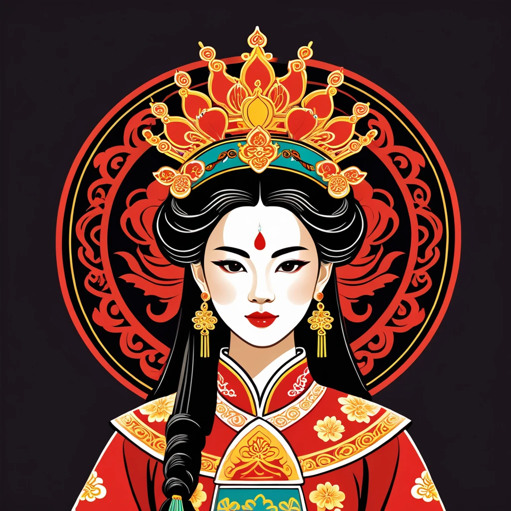 female queen in chinese folk outfit, vector graphics, strong contours, logo design