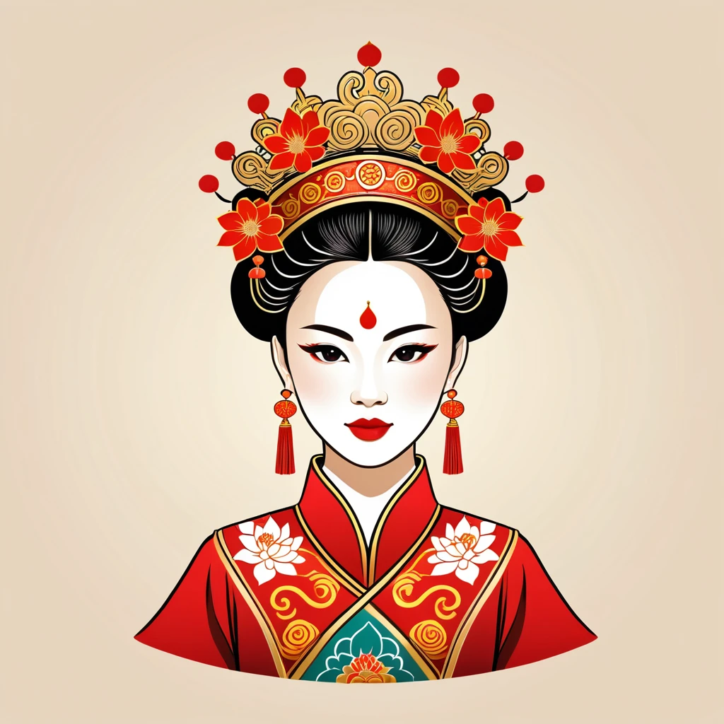 female queen in chinese folk outfit, vector graphics, strong contours, logo design
