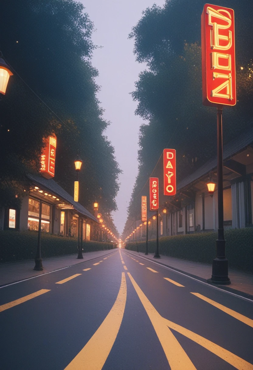 A nighttime photo of a well-lit speedway, with reflective yellow stripes and luminous studs. Ao fundo, the street is dark, no street lamps.
