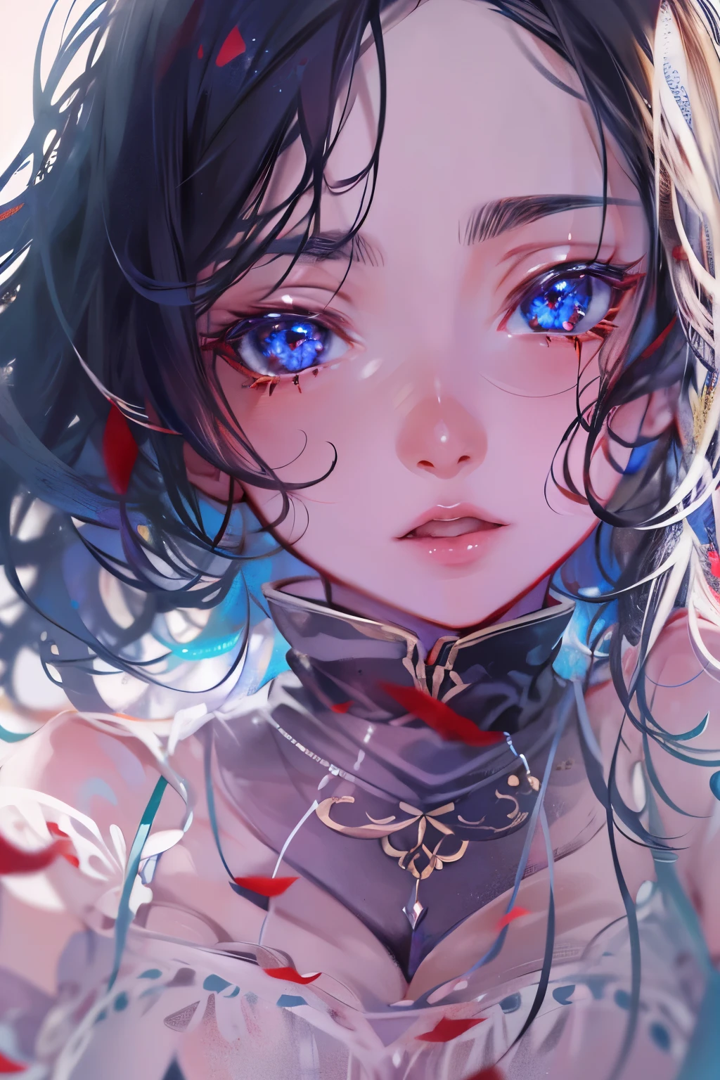 (from thigh up: 1.2), (1 girl: 1.3), (detailed small face: 1.1), (detailed blue eyes: 1.1), (detailed small nose: 1.1), (detailed thin lips: 1.1), (black hair: 1.1), scarred, bleeding, one hand reaching out, textured skin,

background, pale light, grains of light, ripples, compass, spinning time, countless blades,